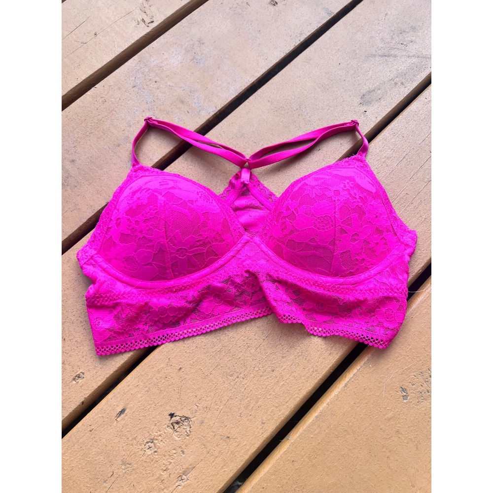 Victoria's Secret Hot Pink Floral Lace Padded Racerback Bralette Medium